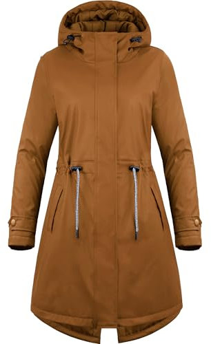 gefütterte Regenjacke Damen Winterjacke Damen warm Regenmantel Regenparka Damen wasserdicht Wintermantel lang Friesennerz gefüttert Übergangsjacke Herbst Winter,braun/40