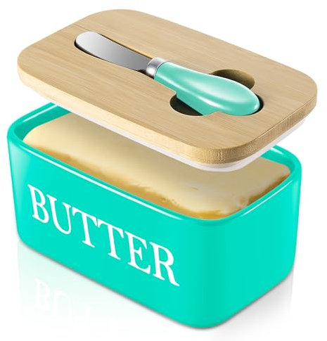 Dyserbuy Butter Dish with Lid, Butter Dish, Porcelain Butter Container with Double Silicone Seals Cover, Ceramic Butter Keeper with Knife, Perfect for East West Coast Butter, 650ml (Green)