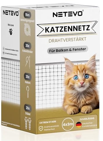 Netevo® Katzennetz für Balkon I Drahtverstärkt I Katzenschutznetz I inkl. Zubehör I 3 x 4m schwarz
