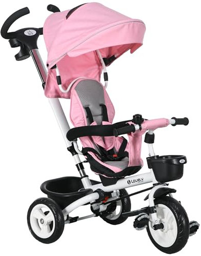 HOMCOM 6 in 1 Dreirad mit Schubstange, Faltbar, Kinderdreirad mit Sicherheitsgurt, Abnehmbar Sonnendach, Korb, Getränkehalter, Pedal, für 1-5 Jahre Kinder, bis 25 kg, Rosa