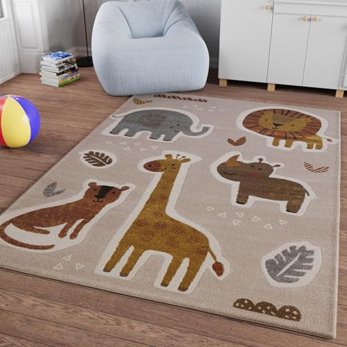 Smart Kids Nala & Friends Kinderteppich, 120 x 170 cm, Sand beige meliert | gewebter Kinderteppich, Erlebe den Dschungel mit Löwen, Elefanten, Giraffen und Nilpferden