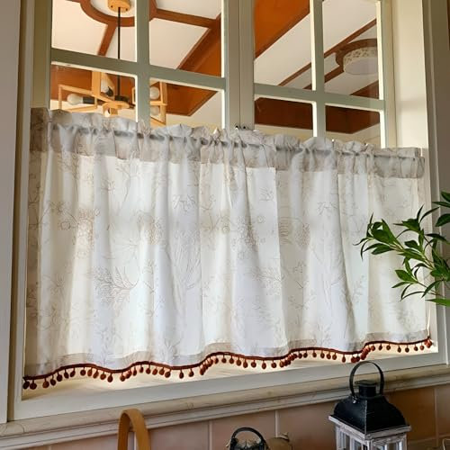 Kurzgardine mit Kugeln-Kante, Bauernhaus Scheibengardine mit Botanischem Blumendruck, Breit Kleinfenster Kurze Fenster((WXH) 200X100CM/78X39IN)