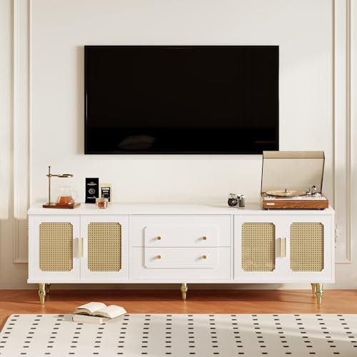 entapuk Meuble TV en Rotin Au Style Rétro - 4 Portes en Rotin, Poignées Dorées, Nombreux Rangements pour Téléviseurs Jusqu'à 80 Pouces, Blanc - 180x40x56.5 cm