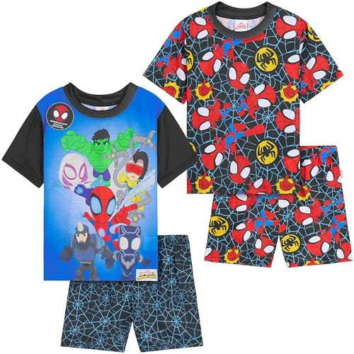 Marvel Spidey Boys Pyjamas 2 Pack, Short Sleeve T-Shirt & PJ Bottoms Set, Soft Comfortable Loungewear, Gifts for Boys (7-8 Years, Multi Spidey, 2 Pack)
