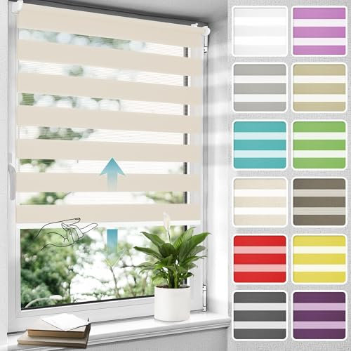 Allesin Doppelrollo schnurlos Klemmfix ohne Bohren Duo Rollos für Fenster, 60x120cm(BxH), Natur, Drücken Und Ziehen Springrollos Klemmrollo Fensterrollo ohne Schnur lichtdurchlässig & Blickdicht