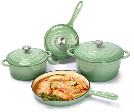 Hisencn Cast Iron Cookware Set, 7 Piece Enamel Cast Iron Set, Sauce Pan, Skillet, Dutch Oven Set, Ceramic Cookware Set, Pots and Pans Set, Gas/Induction Compatible, PFA Free, Come with Organizer