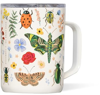 Corkcicle x Rifle Paper Co. Triple Insulated Coffee Mug with Lid and Handle, Curio Cream, 16 oz – Stainless Steel Travel Mug Keeps Beverages Hot for 3+ Hours – Non-Slip, Easy-Grip, Spill-Resistant
