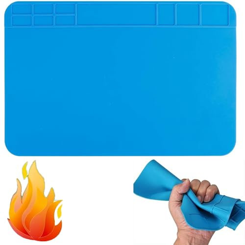 Hitzebeständige Lötmatte, Silikon Lötunterlage, Mehrzweckarbeit Lötreparatur-Plattformauflage, Esd matte, Reparatur Matte und Schraubenposition zum Löten, zum Löten, Reparieren - Blau 30x20cm