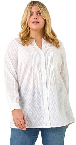 Roman Originals Pintuck Shirt for Women Ladies Jersey Blouse Collarless Top Flare Crinkle Notch Neck Tunic 3/4 Length Sleeve Longline Smart Casual Party Going Out - White Plus - Size 2224