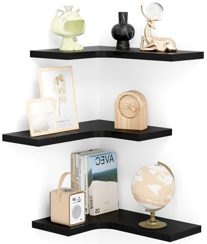 Suhu Wandregal Holz L-Förmiger Eckregal Hängend Wandboard Küchenregal Gewürzregal Schweberegal Versteckt Modern Design für Wohnzimmer Schlafzimmer Bad Flur (3 Stück) Schwarz