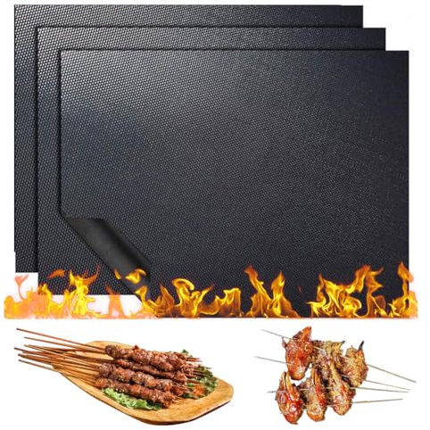 NOPKESV Set da 3 Tappetini, Facile da Pulire, Riutilizzabile, Antiaderente, Resistente al Calore, Ritagliabile, Accessori Barbecue, per Gas, Carbone, Elettrico, Forno, Griglia Elettrica (40x30 cm)