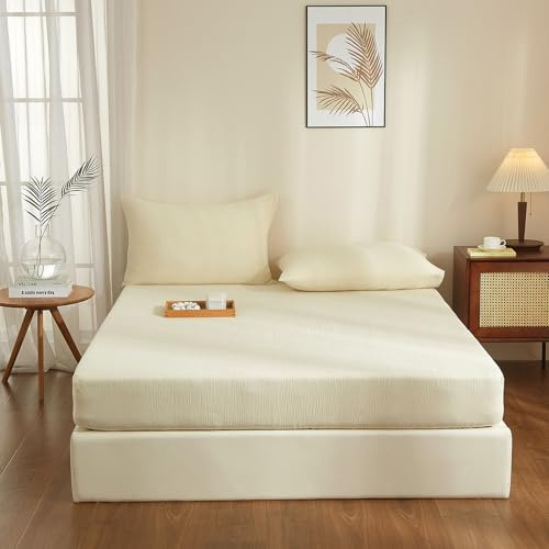 YASMENG Doppelte Muslin Spannbettlaken 120x200cm 100% Baumwolle Beige Muslin Bettlaken 120x200cm Baumwolle Weich Atmungsaktiv Kuschelige Spannbetttuch Boxspringbett Geeignet für 30cm Matratze