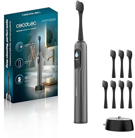 Cecotec Cepillo de Dientes Eléctrico Sónico ToothCare UltraSonic PlatiniumSwing. Oscilación, 50000rpm, 8 Cabezales, 5 Modos, Pantalla, Reporte de Limpieza, Carga Inalámbrica y Estuche