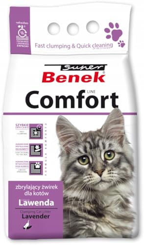 Super Benek Comfort Bentonit-Katzenstreu Lavendelduft, 10 L, 8 kg | Stabile Flache Klumpen, Hohe Saugkraft, Einfache Entnahme mit Schaufel, Klumpstreu zum Nachfüllen, Empfohlene 5-cm-Schicht