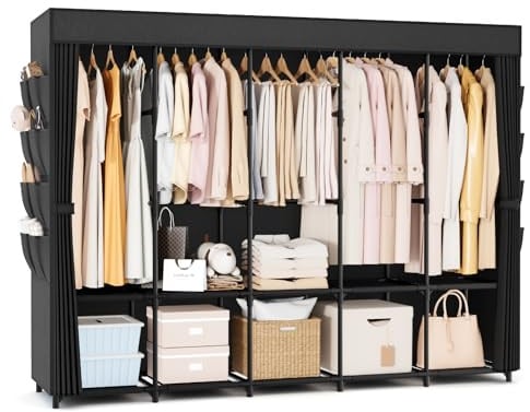 Vicye Kleiderschrank, Stoffschrank 210x44x160cm, Faltbarer Kleiderschrank mit 5 Kleiderstangen Stabil und 8 Seitentaschen, Mobiler Stoffkleiderschrank mit Abdeckung für Schlafzimmer (Schwarz)