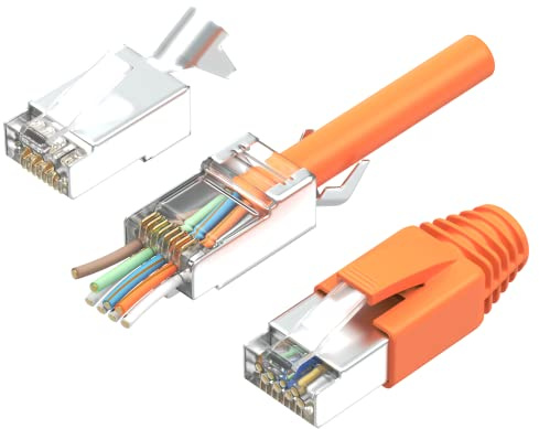 RJ45 Stecker Cat7 20er Set | Netzwerkstecker, Pass Through & Geschirmt | Inkl. Zugentlastung, Knickschutztülle Orange & Einführhilfe | Ideal für CAT 7, Cat6A Verlegekabel AWG23 | 8-Poliger Plug