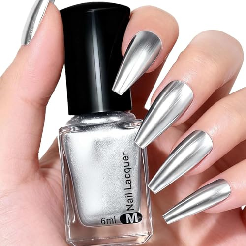 Silver Metallic Chrome Nail Polish, Silver Mirror Effect Quick Dry Varnish, Long-Lasting High Gloss Chip Resistant Nail Color, No UV Lamp Needed