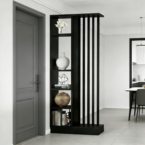 Raumteiler mit Regalen, Trennwand für den Eingangsbereich, Säule vom Boden bis zur Decke – freistehender Raumteiler mit Ablagefach, freistehende Dekoration für Schlafzimmer (A Black + Black, 80cm)