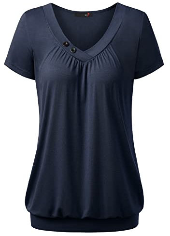 DJT Damen Basic V-Ausschnitt Kurzarm T-Shirt Falten Tops mit Knopf Dunkelblau 2XL