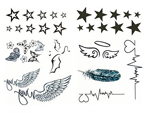 Oblique Unique® 34 temporäre Tattoos Sterne Heartbeat Flügel Schmetterlinge Teufel Engel