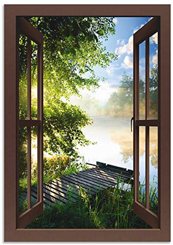 ARTland Wanddeko Wandbild Alu Verbundplatte für Innen & Outdoor Bild Fensterblick Fenster Landschaft Wald Natur See Angelsteg Sonne Frühling T1DZ