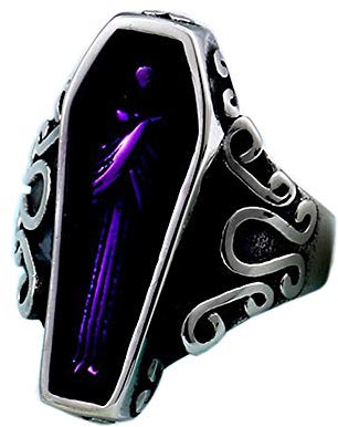 PAMTIER Herren Edelstahl Uralt Portrait Vampir Sarg Ring Silber Schwarz Lila Größe 60 (19.1)