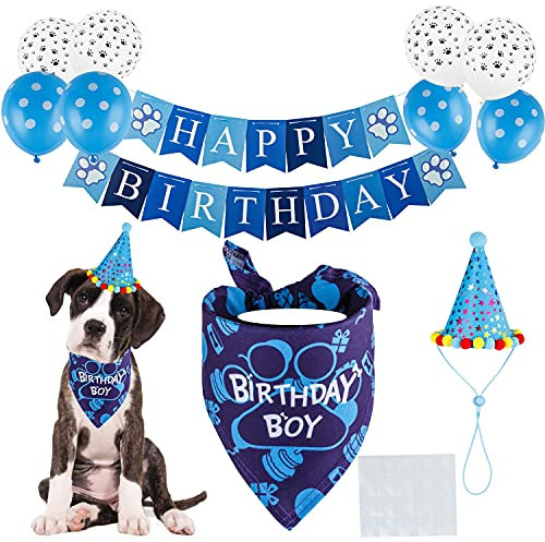 TCBOYING Hund Geburtstag Bandana, Hund Geburtstag Boy Hut Scarfs Flag Balloon mit niedlichen Hündchen Geburtstagsfeier Zubehör Dekorationen(11-teiliges Set)