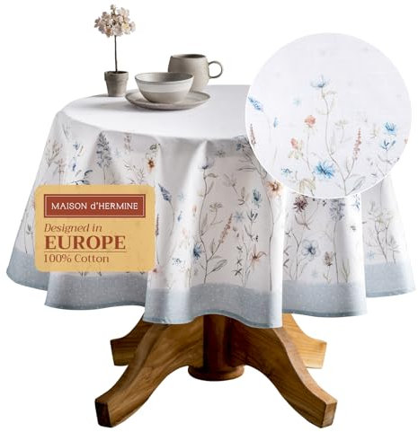 Maison d' Hermine Tischdecke, rund, 100 % Baumwolle, 175 cm, wiederverwendbar, für den täglichen Gebrauch, für Thanksgiving, Weihnachtsdekoration, Esszimmer, Bauernhaus-Party (Eisblumen)