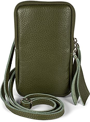 styleBREAKER Damen Leder Handy Umhängetasche mit genarbter Oberfläche, Reißverschluss, Echtleder Mini Bag 02012374, Farbe:Oliv