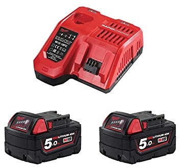 Milwaukee Charger Kit + 2 Batteries M18 5.AMP NRG-502 4933471980, Red, 0