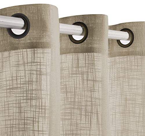 VOILYBIRD Palma Leinen-strukturierte halbtransparente Vorhänge für Wohnzimmer, 213 cm lang, Vorhänge mit Bronze-Ösen (132 cm B x 213 cm L, 2 Gardinen, Hellbraun)
