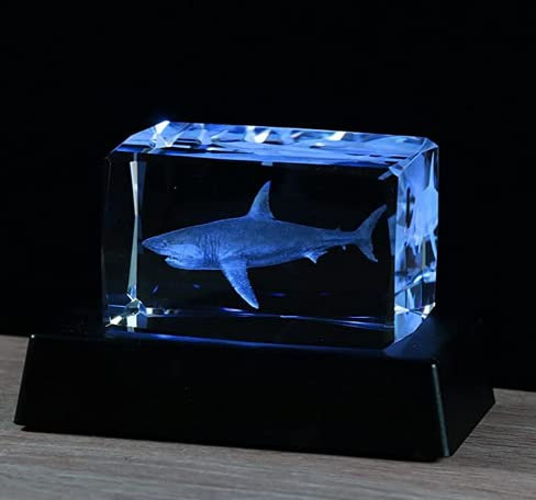 3D Crystal Gift Engraved Shark Gifts for Animal Lovers Women, Glass Shark Figurines Ornaments with Colorful LED Stand for Home