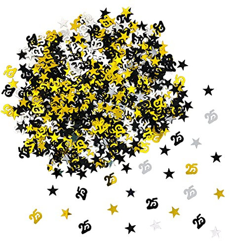 Oblique Unique® Konfetti Zahl 25 + Sterne für 25. Geburtstag Jubiläum Silberhochzeit Tisch Deko Streudeko 500 Stück Gold Silber Schwarz