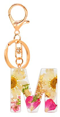 Gierzijia Porte-clés en résine transparent avec fleur sèche de l'alphabet de A à Z pour femme, accessoire de sac, m, taille unique