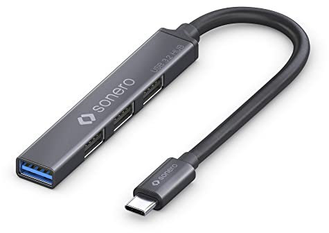sonero® Hub USB, distributore USB, 4 porte, 1x USB 3.2 con 5 GB/s, 3x USB 2.0 con 480 MB/s, connettore USB-C, ultra sottile, grigio siderale, 0,15 m