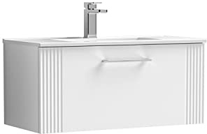 nuie DPF196B Deco Modern Bathroom Wall Hung 1 Drawer Part Fluted Vanity Basin Unit with Minimalist Ceramic Basin, 800mm, Satin White