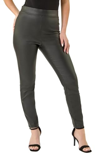 Roman Originals Petite Faux Leather Pull On Trousers for Women UK - Ladies Autumn Everyday Winter Holiday Pull-On Comfy Soft Vacation Work - Petite Black - Size 8