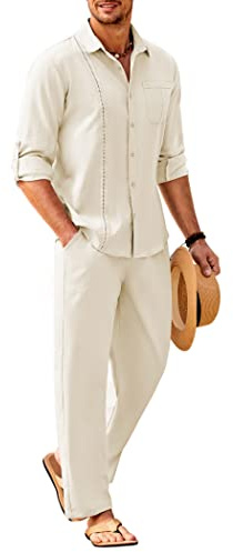 COOFANDY Herren-Leinen-Set, 2-teilig, langärmelig, Knopfleiste, kubanisches Hemd und Hose, Set für Sommer, Strand, Outfit