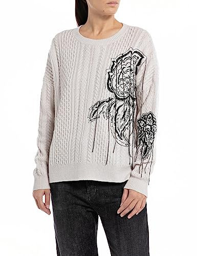 REPLAY Pull tricoté en laine pour femme, Rose pâle 003 (Blanc), L