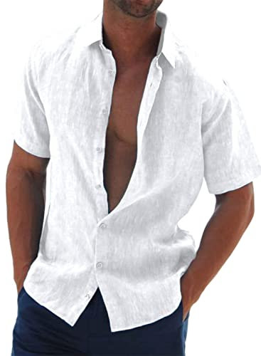 Halfword Mens Linen Shirts Short-Sleeve Summer Casual Beach Shirts Button Down Loose fit Hawaiian Holiday Wedding Cheesecloth Tops White XL