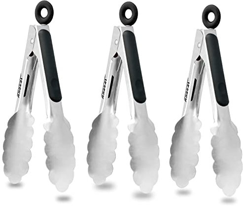 Anaeat 3 Pack 7 Mini Stainless Steel Cooking Tongs - Sturdy Coiled Spring Locking Kitchen Food Tong with Non-Slip Silicone Grip for Serving, Cooking, Baking - Heat Resistant up to 480°F (Black)