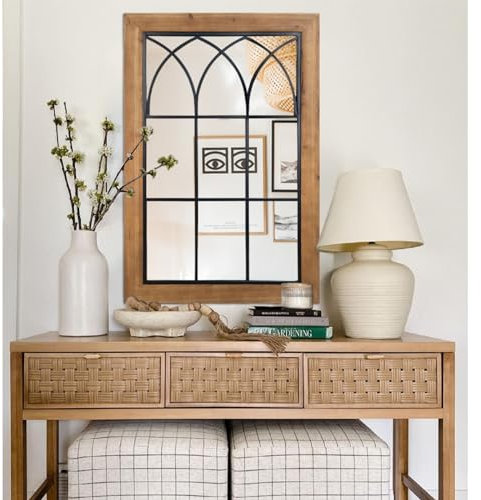 GIFTTROVE Espejo montado en la pared, espejo de pared rectangular de granja, marco de madera negro, espejo de ventana antiguo para sala de estar