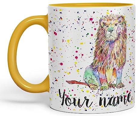 Vixar Taza de cerámica personalizada con su texto león, gato, rey, safari, animales, acuarela, arte, taza de cerámica, regalo de 330 ml, 325 ml, personalizada, trabajo, oficina, té, café (G amarillo)