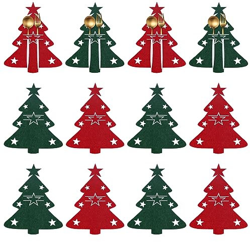 YoniYa 12 Stück Besteckhalter Weihnachten Filz Weihnachtsbaum Bestecktasche Tannenbaum Besteckbeutel Gabel Messer Geschirr Besteck Taschen für Party Tisch Weihnachtsdeko
