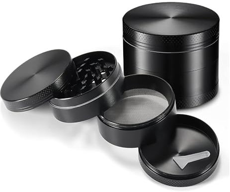 Four Piece Black Premium Zinc Alloy Herb Grinder with Sifter and Magnetic Top - 2.15 Inches (55mm) for Dry Herb Spices Portable