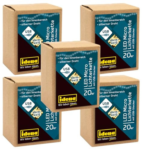 Idena 30256-5 - LED Micro Lichterkette mit 20 LEDs in Warmweiß, 5 Stück, mit USB Stecker, je 1,25 m lang, Deko für Innen, zum Basteln, als Party Deko, Weihnachtsdeko, zur Hochzeit