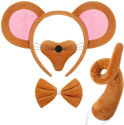 Animal Costume Set Mouse Ears Nose Tail and Bow Tie Animal Dress Costume Kit Accessories for Kids Halloween Party Celebration (Brown)