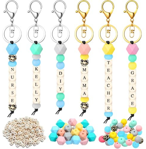 Landical 342 Pcs Silicone Beads for Keychain Making Kit Personalized Letter Beads for DIY Key Ring Women Mama Gift, Cute, as shown