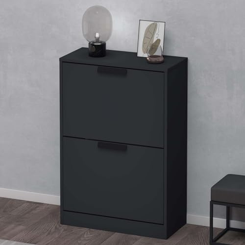 doporro Schuhschrank schmal 60cm 28cm tief 2 Klappen Schuhkipper | Schuhregal mit Kippfächern, Schuhkommode matt Anthrazit für Flur & Eingang, Shoe Cabinet, BxTxH:60x28x89cm, Schuhschrank01