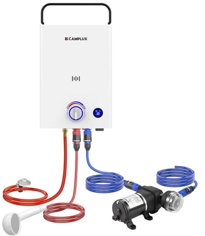 CAMPLUX First 10 Litri Scaldabagno a Gas con Pompa dell'acqua per Doccia Esterna, Campeggio, Butano (28-30mbar) / Propano (37mbar), F10 Pro
